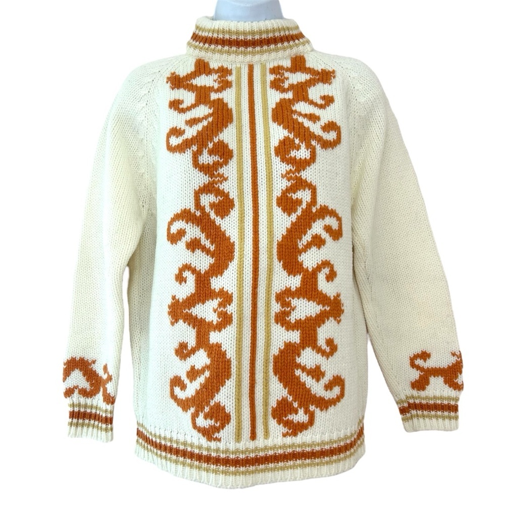 Donnkenny Vtg 60-70s Cream Orange Heavy Knit  
Sweater Size M Fisherman